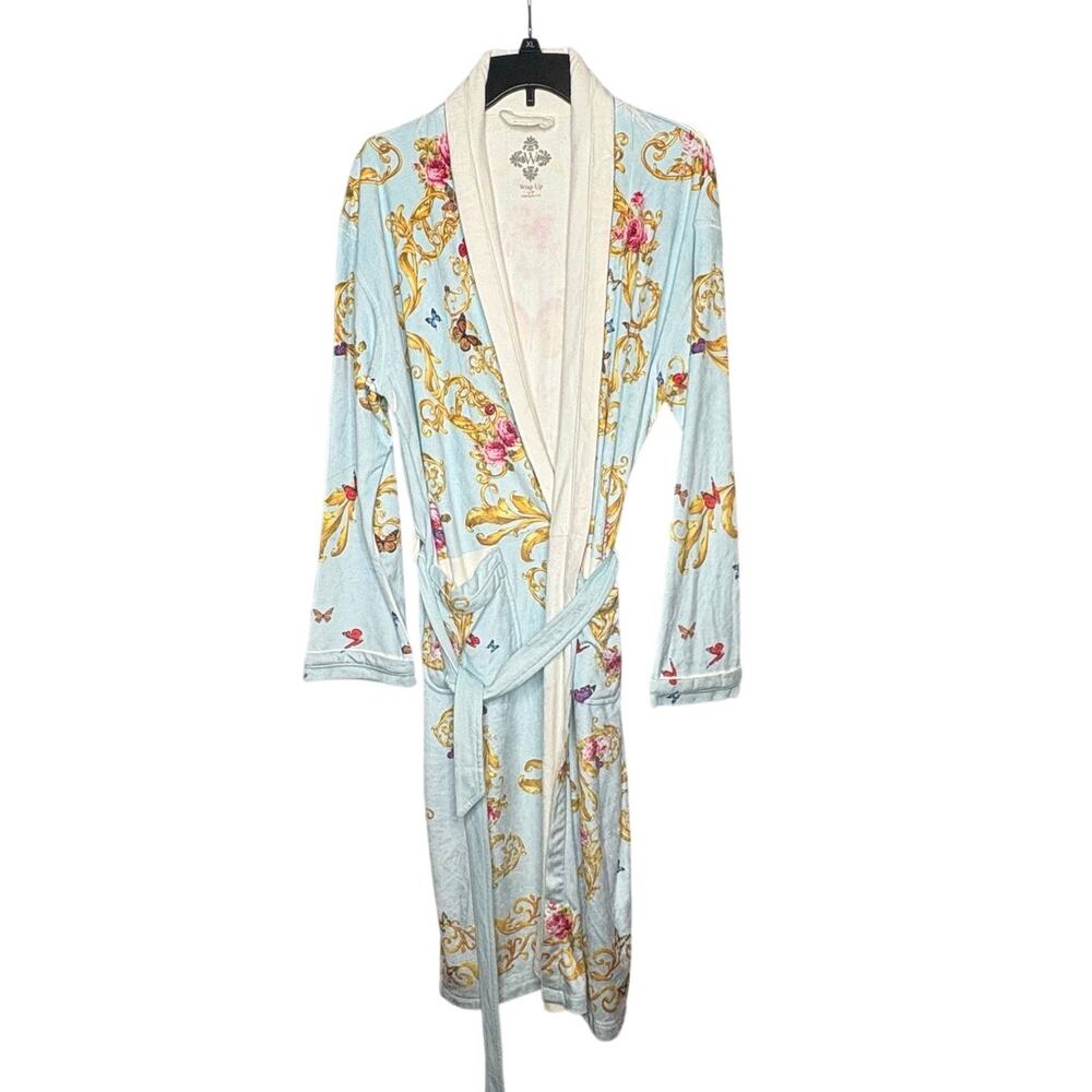 Wrap Up by VP Blue Baroque Butterfly Floral Mirco Terry Short Robe One Size
